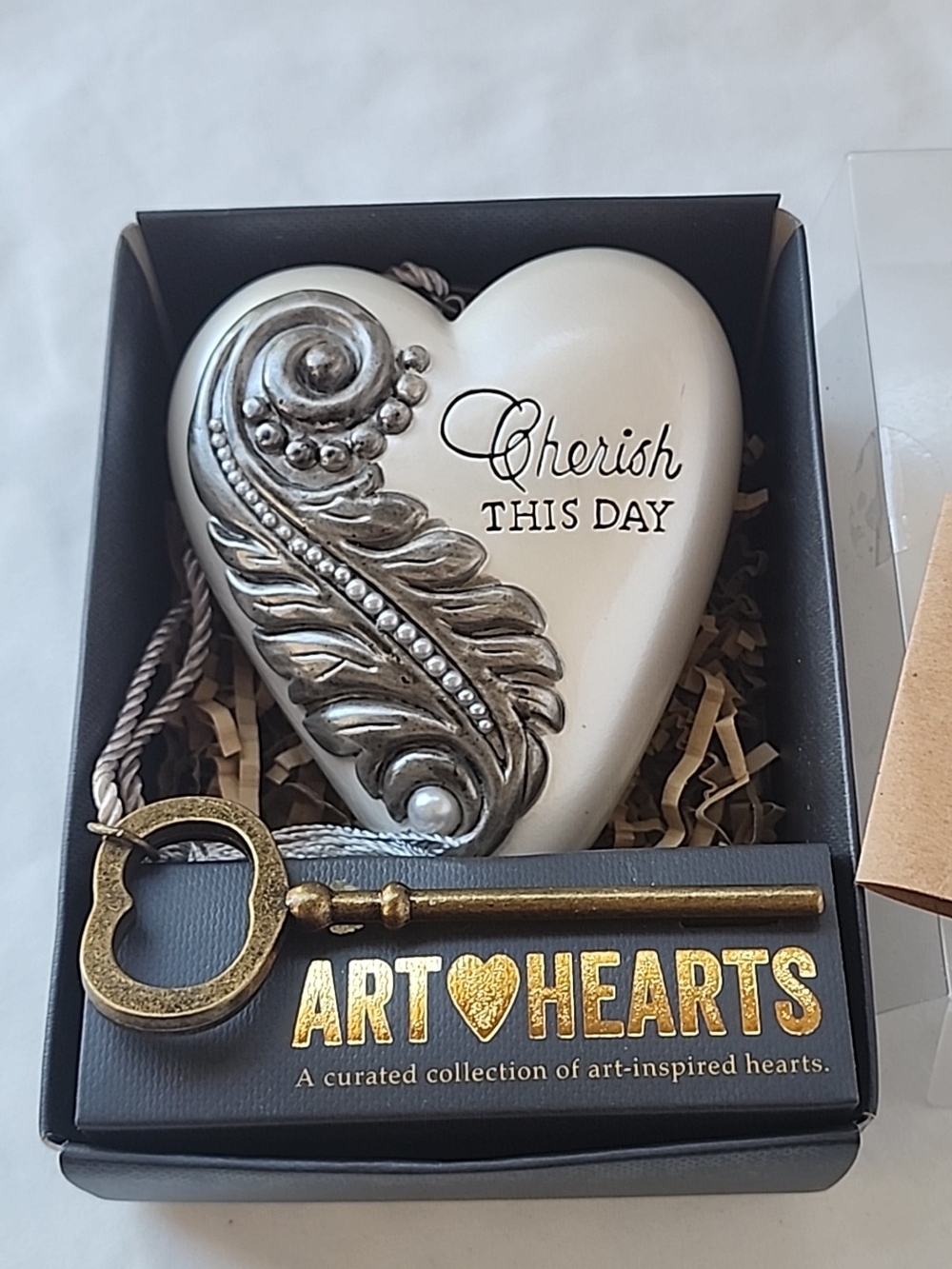 ART HEARTS Delsie Chambon Sculpture Heart w/ Key Cherish This Day Box Bride Love